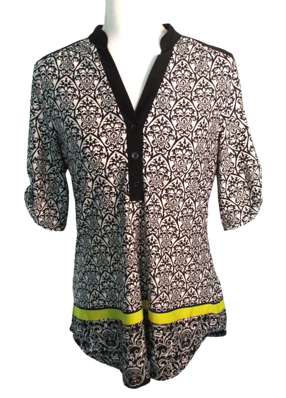Perseption Concept Women's Short Sleeve Black & White Floral Stretch Shirt Med.